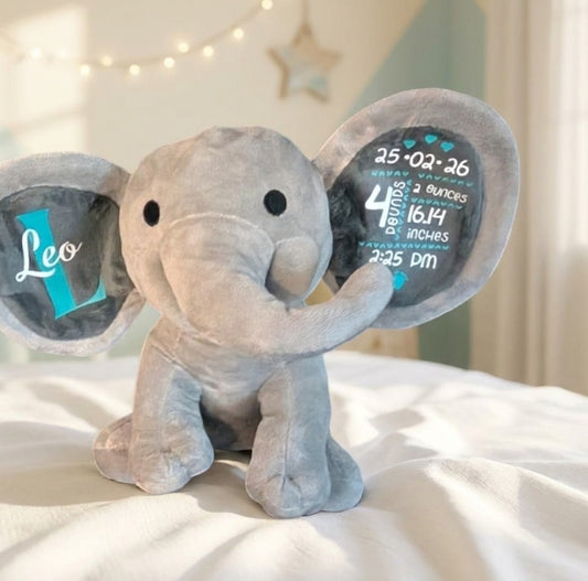 Personalised Baby Stats Elephant Grey